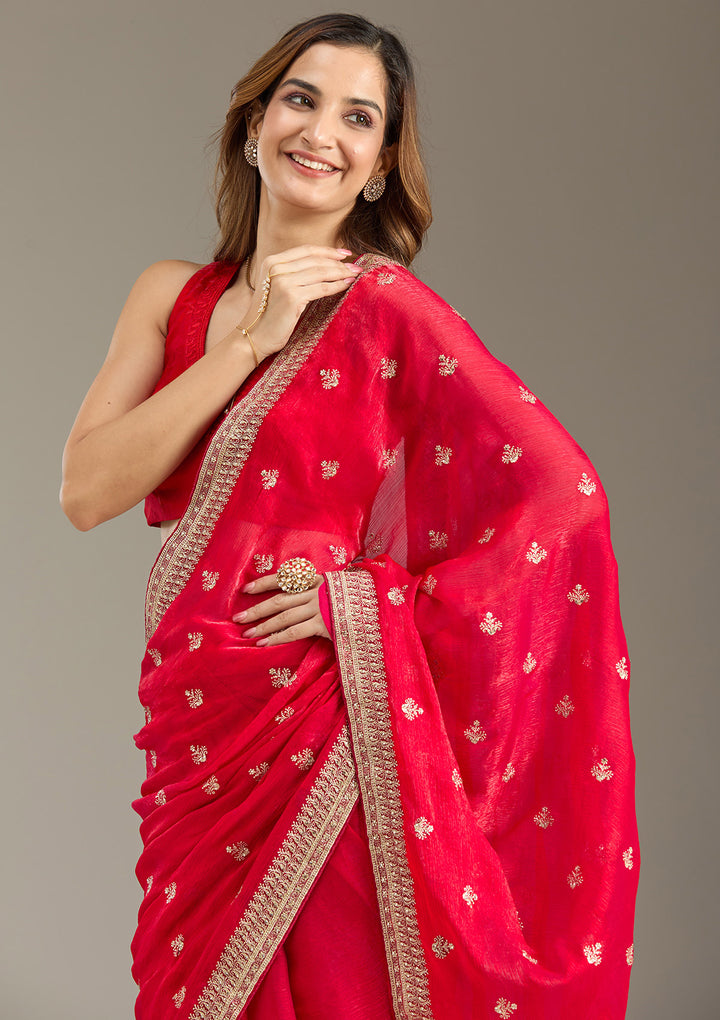 Rani Pink Tissue Gold Zariwork Saree With Matching Blouse Piece