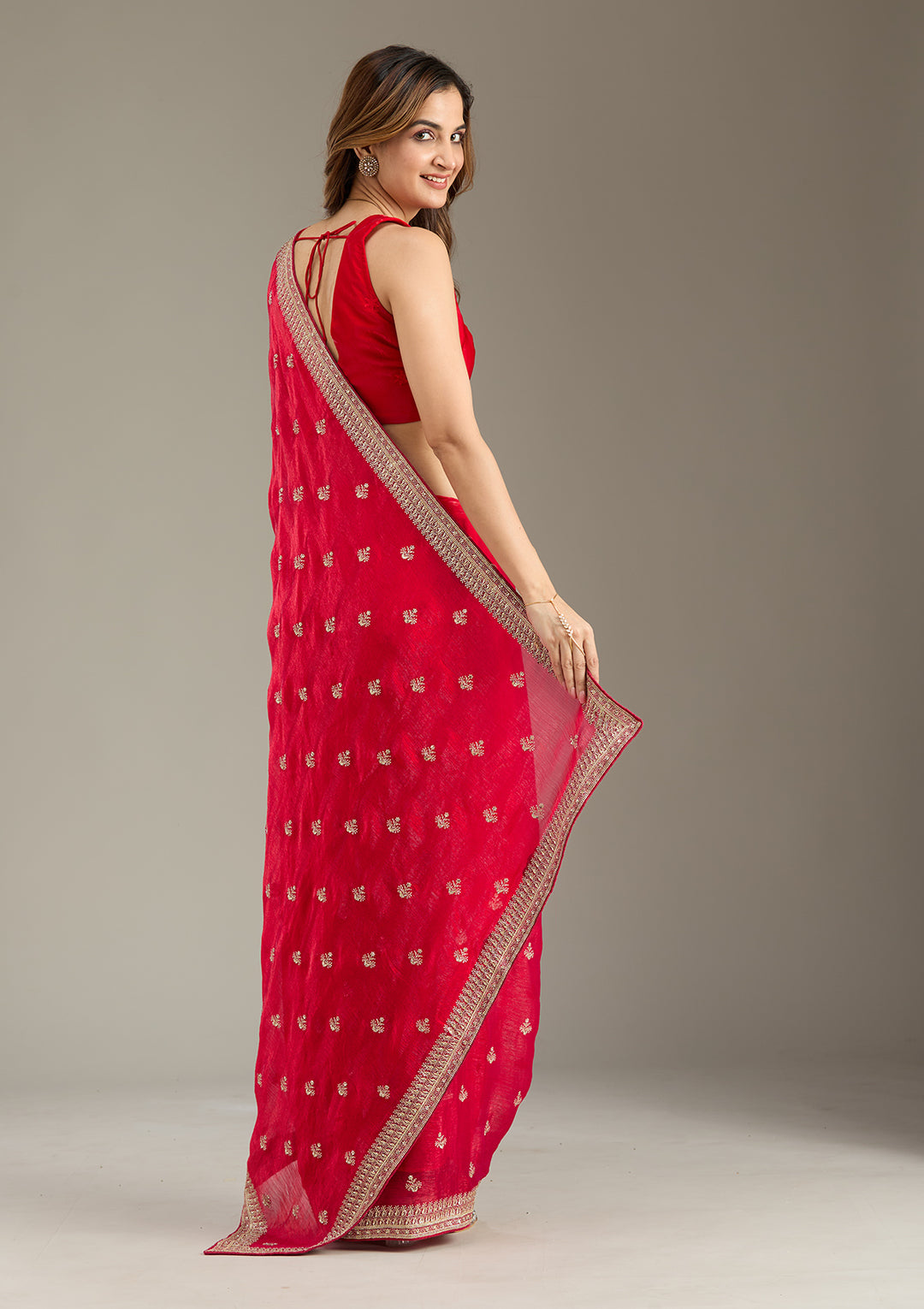 Rani Pink Tissue Gold Zariwork Saree With Matching Blouse Piece