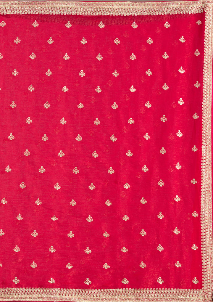 Rani Pink Tissue Gold Zariwork Saree With Matching Blouse Piece