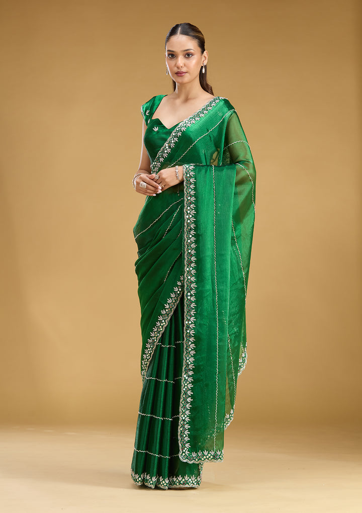 Bottle Green Tissue Cutdana Saree With Matching Blouse Piece