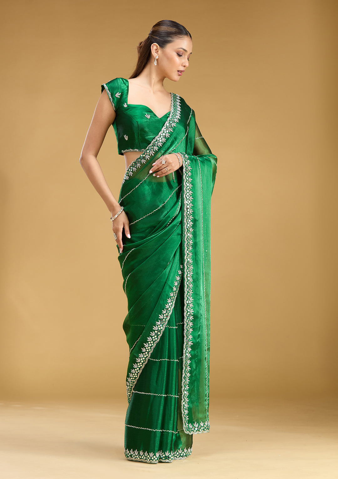 Bottle Green Tissue Cutdana Saree With Matching Blouse Piece