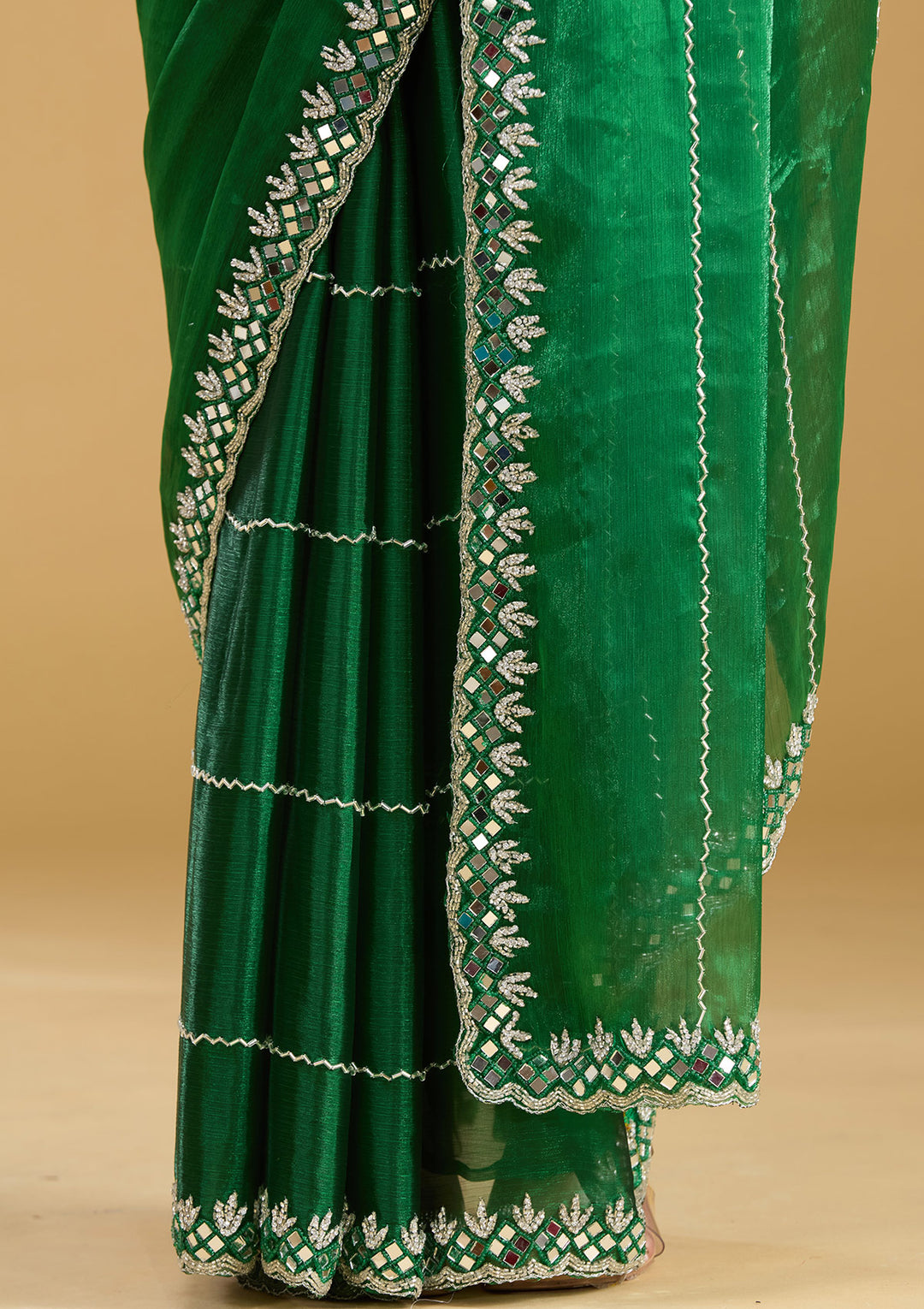 Bottle Green Tissue Cutdana Saree With Matching Blouse Piece