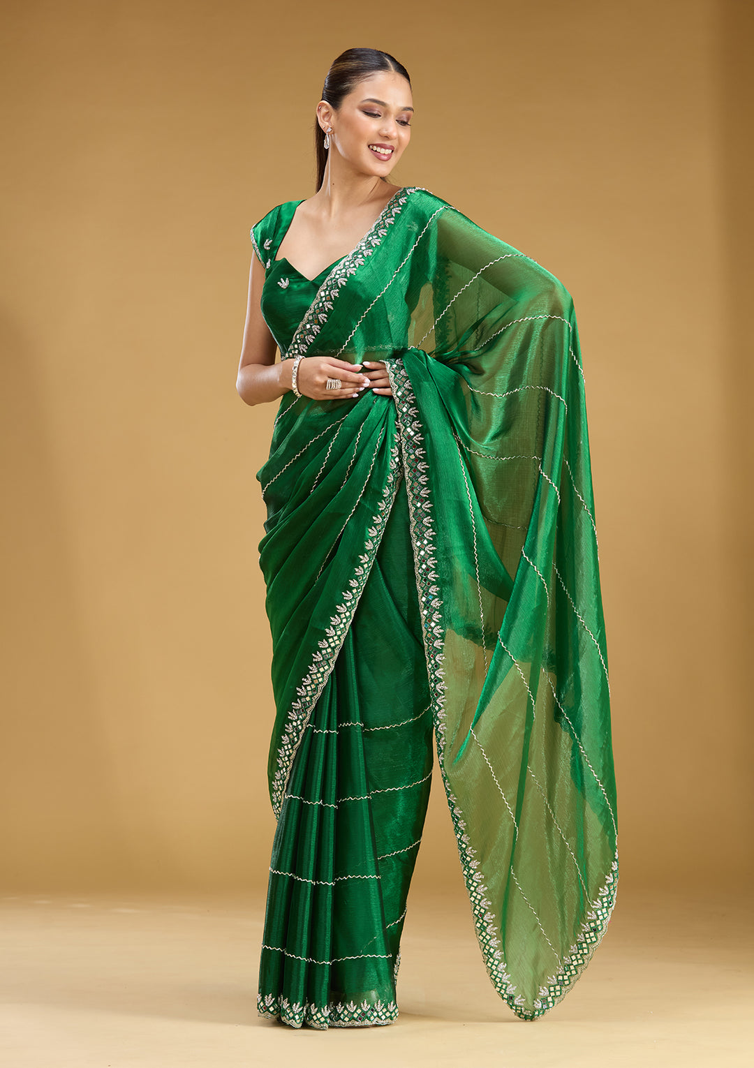 Bottle Green Tissue Cutdana Saree With Matching Blouse Piece