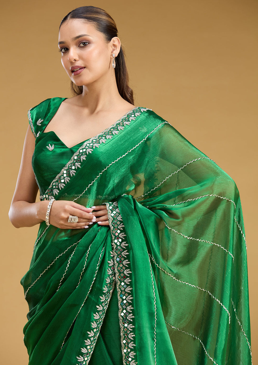 Bottle Green Tissue Cutdana Saree With Matching Blouse Piece