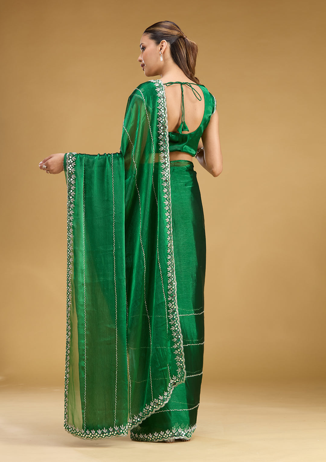 Bottle Green Tissue Cutdana Saree With Matching Blouse Piece