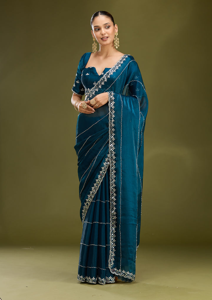 Peacock Blue Tissue Cutdana Saree With Matching Blouse Piece