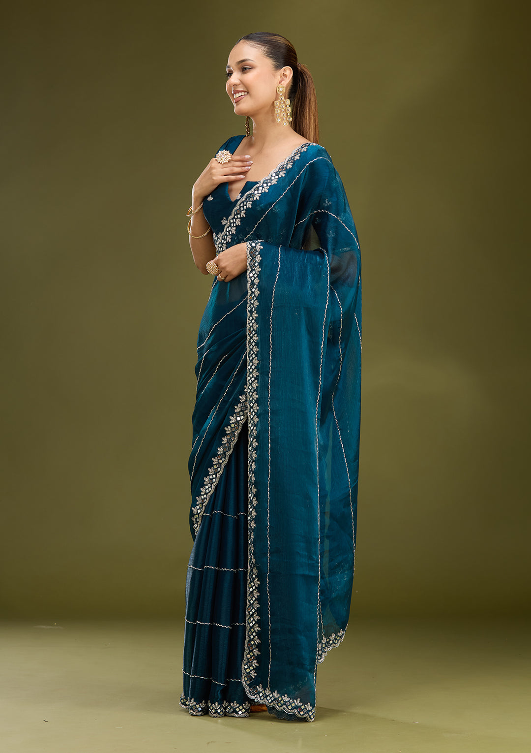 Peacock Blue Tissue Cutdana Saree With Matching Blouse Piece