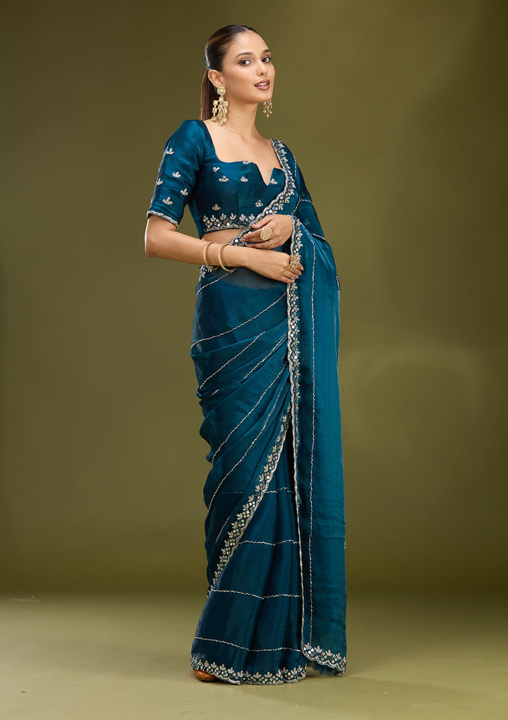 Peacock Blue Tissue Cutdana Saree With Matching Blouse Piece