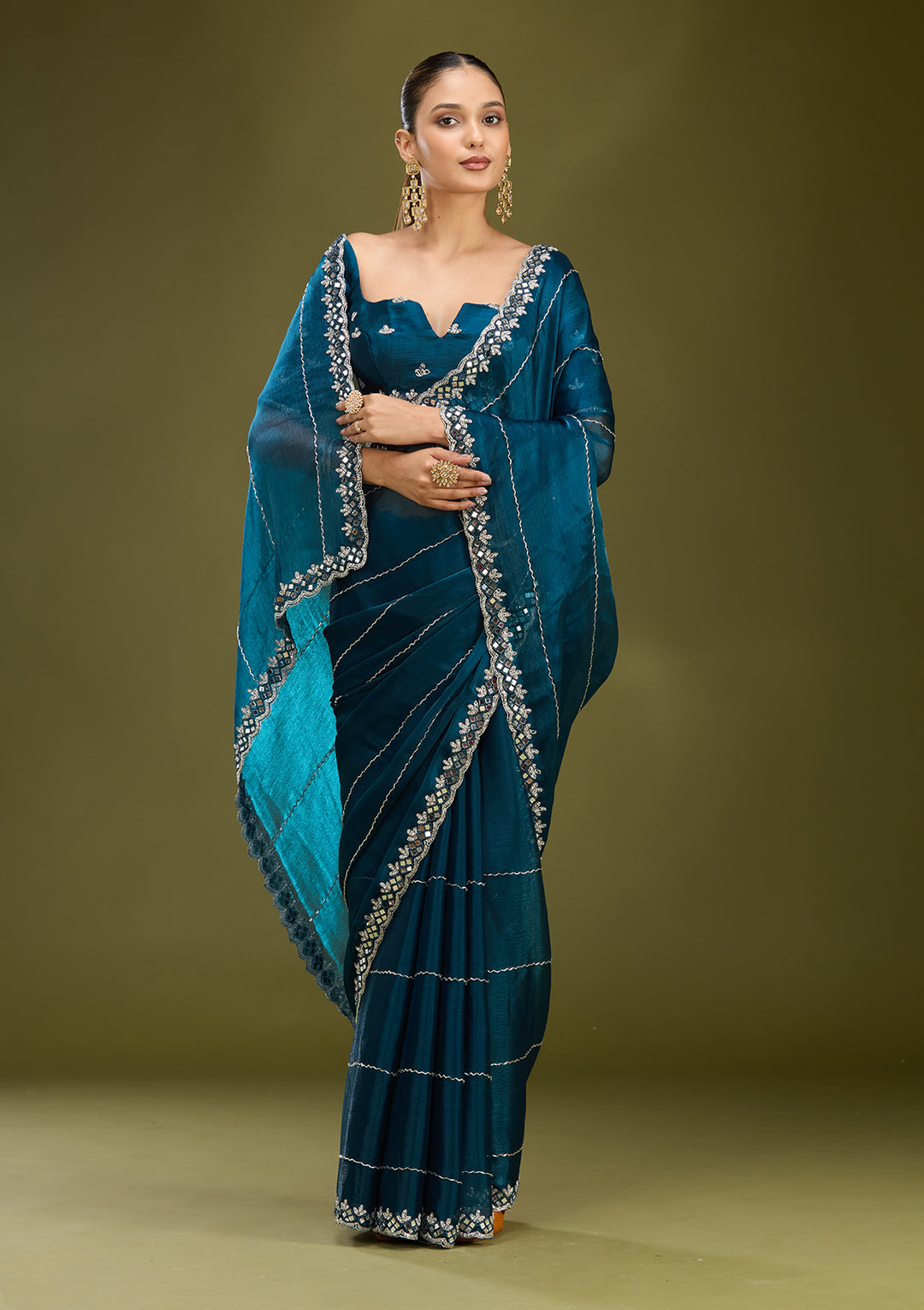 Peacock Blue Tissue Cutdana Saree With Matching Blouse Piece