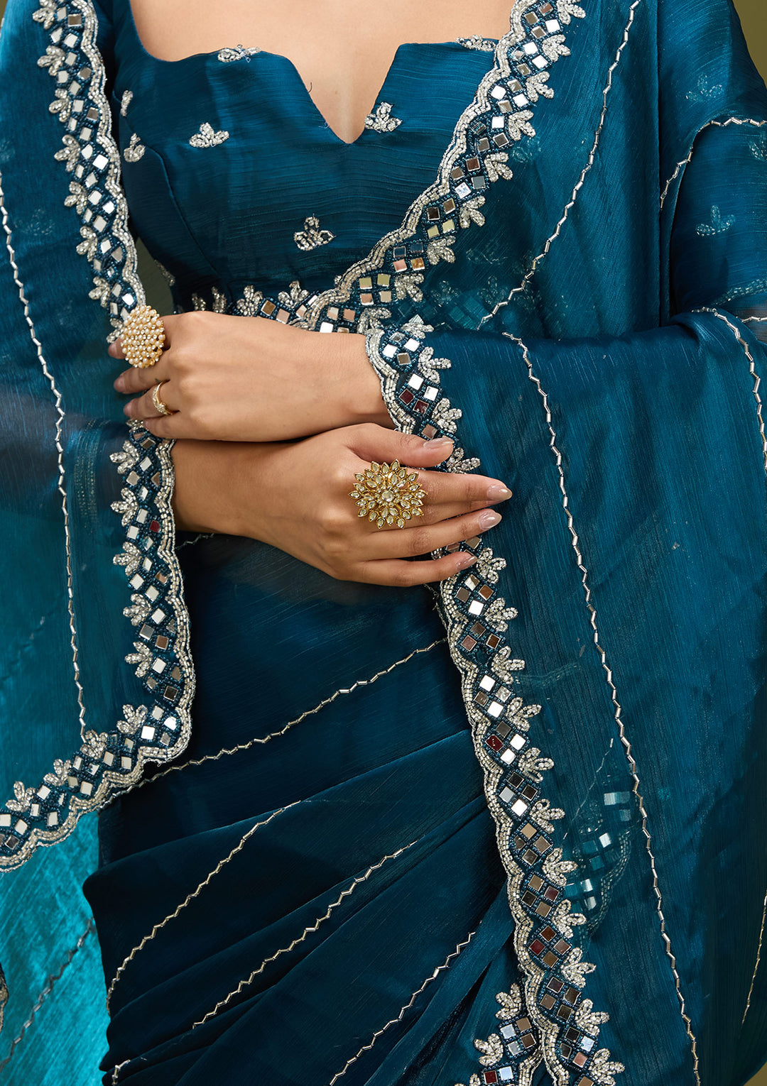 Peacock Blue Tissue Cutdana Saree With Matching Blouse Piece