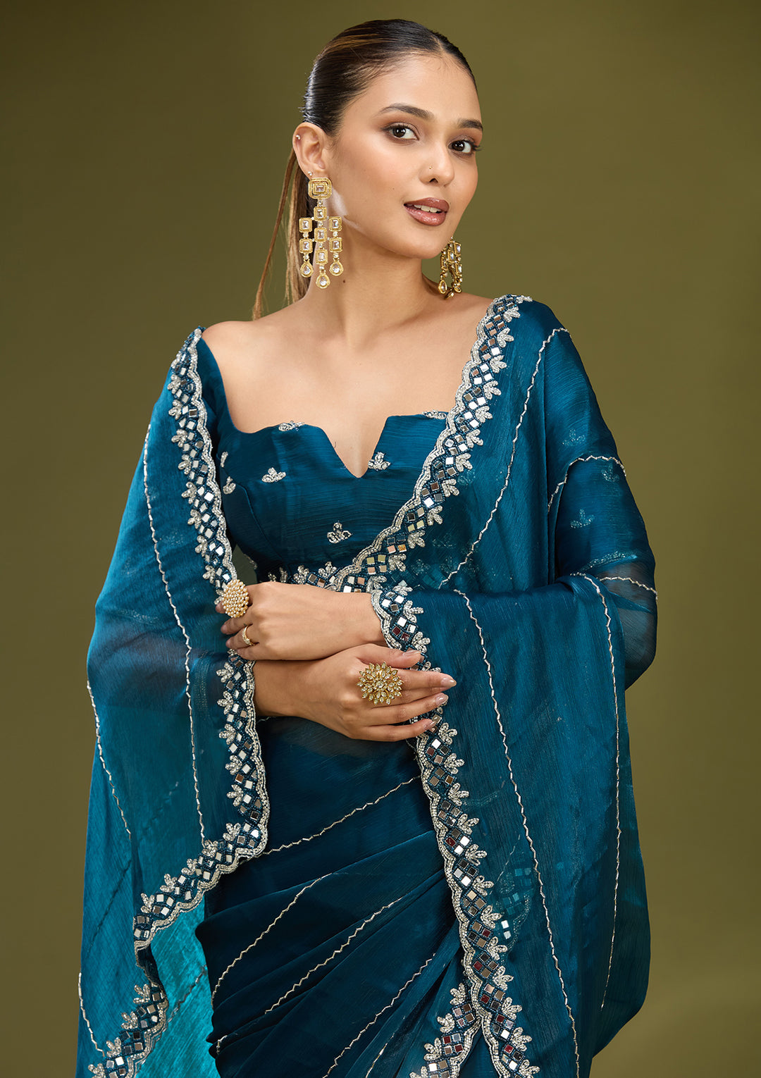 Peacock Blue Tissue Cutdana Saree With Matching Blouse Piece