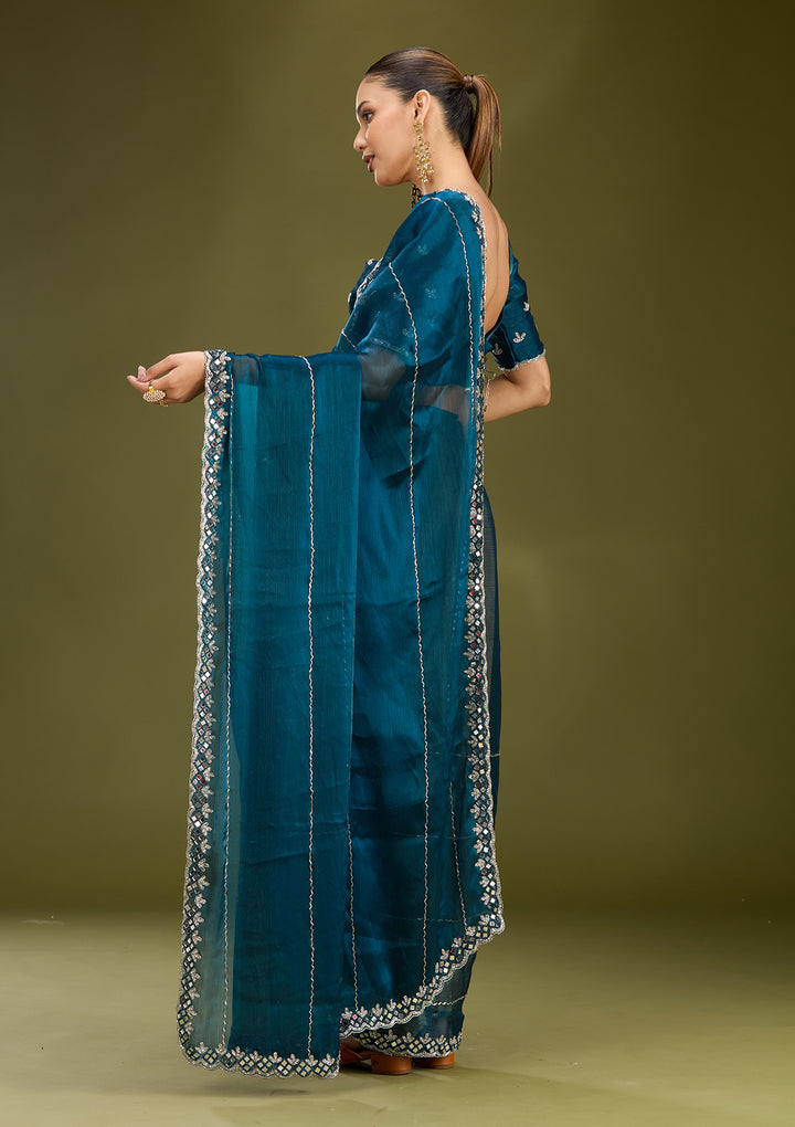 Peacock Blue Tissue Cutdana Saree With Matching Blouse Piece