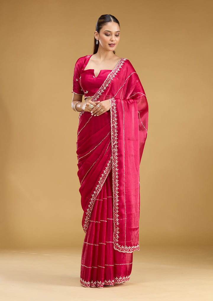 Rani Pink Tissue Cutdana Saree With Matching Blouse Piece