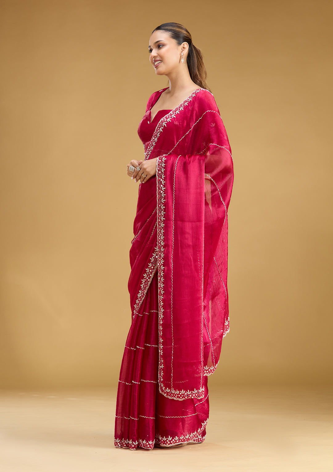 Rani Pink Tissue Cutdana Saree With Matching Blouse Piece