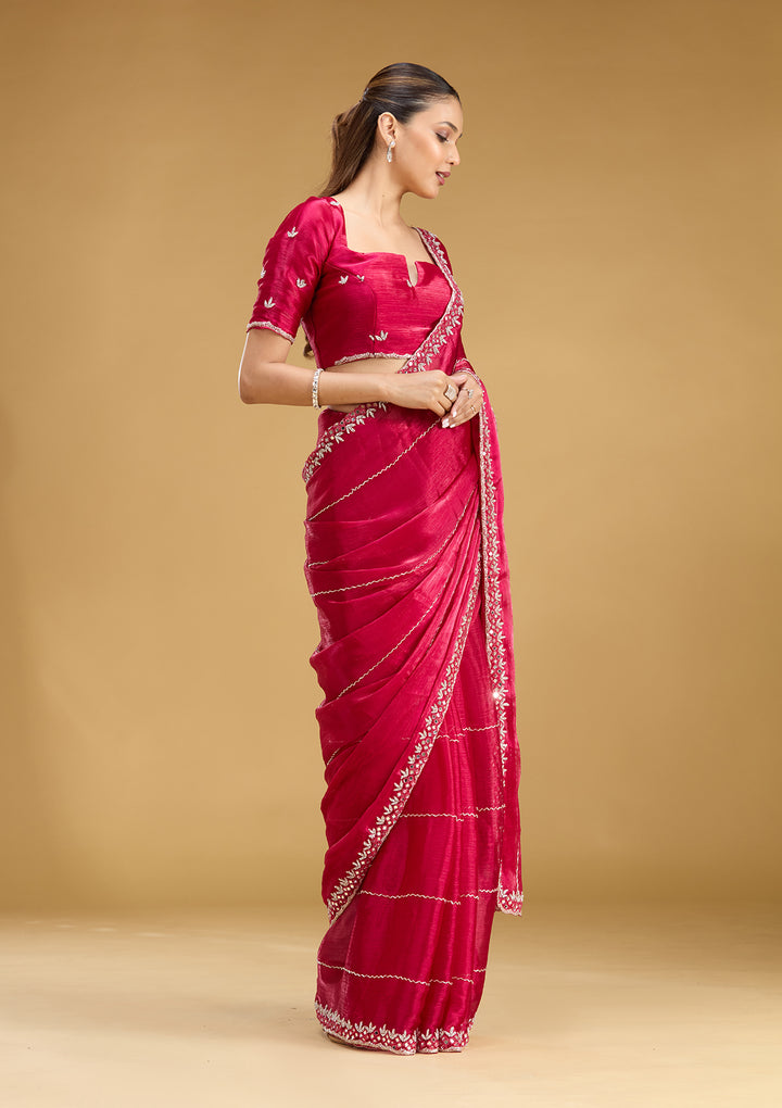 Rani Pink Tissue Cutdana Saree With Matching Blouse Piece