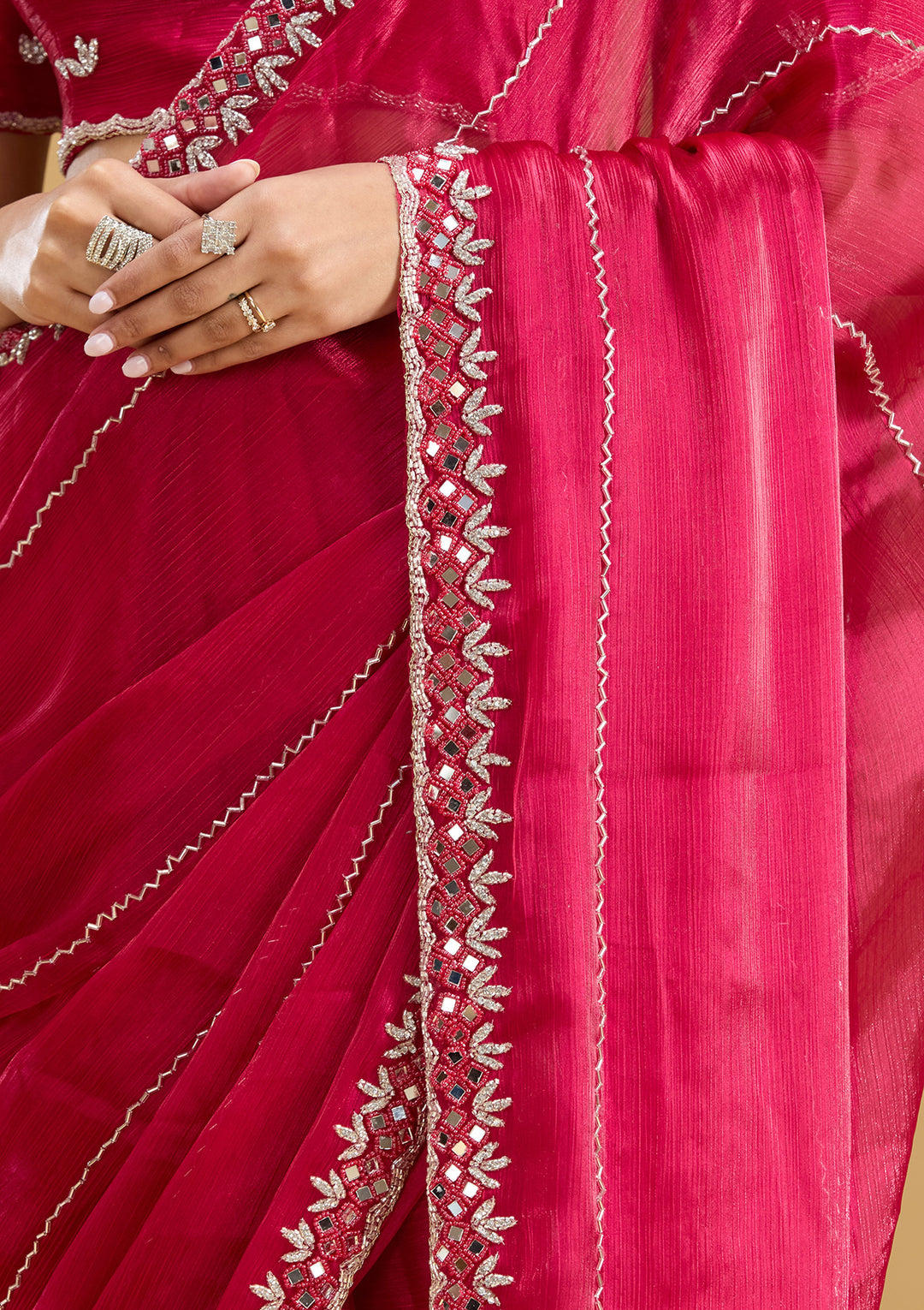 Rani Pink Tissue Cutdana Saree With Matching Blouse Piece