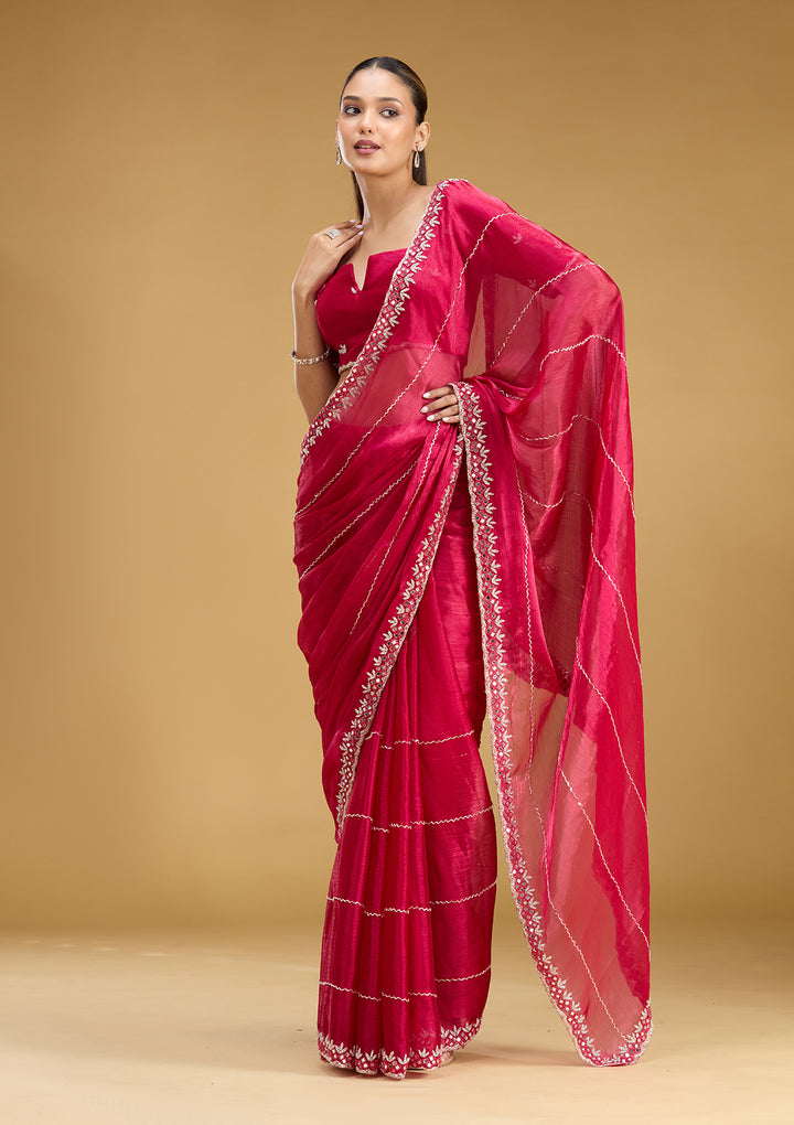 Rani Pink Tissue Cutdana Saree With Matching Blouse Piece