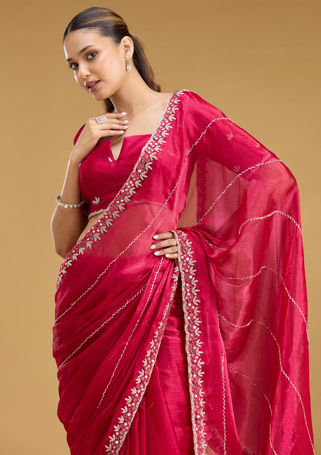 Rani Pink Tissue Cutdana Saree With Matching Blouse Piece