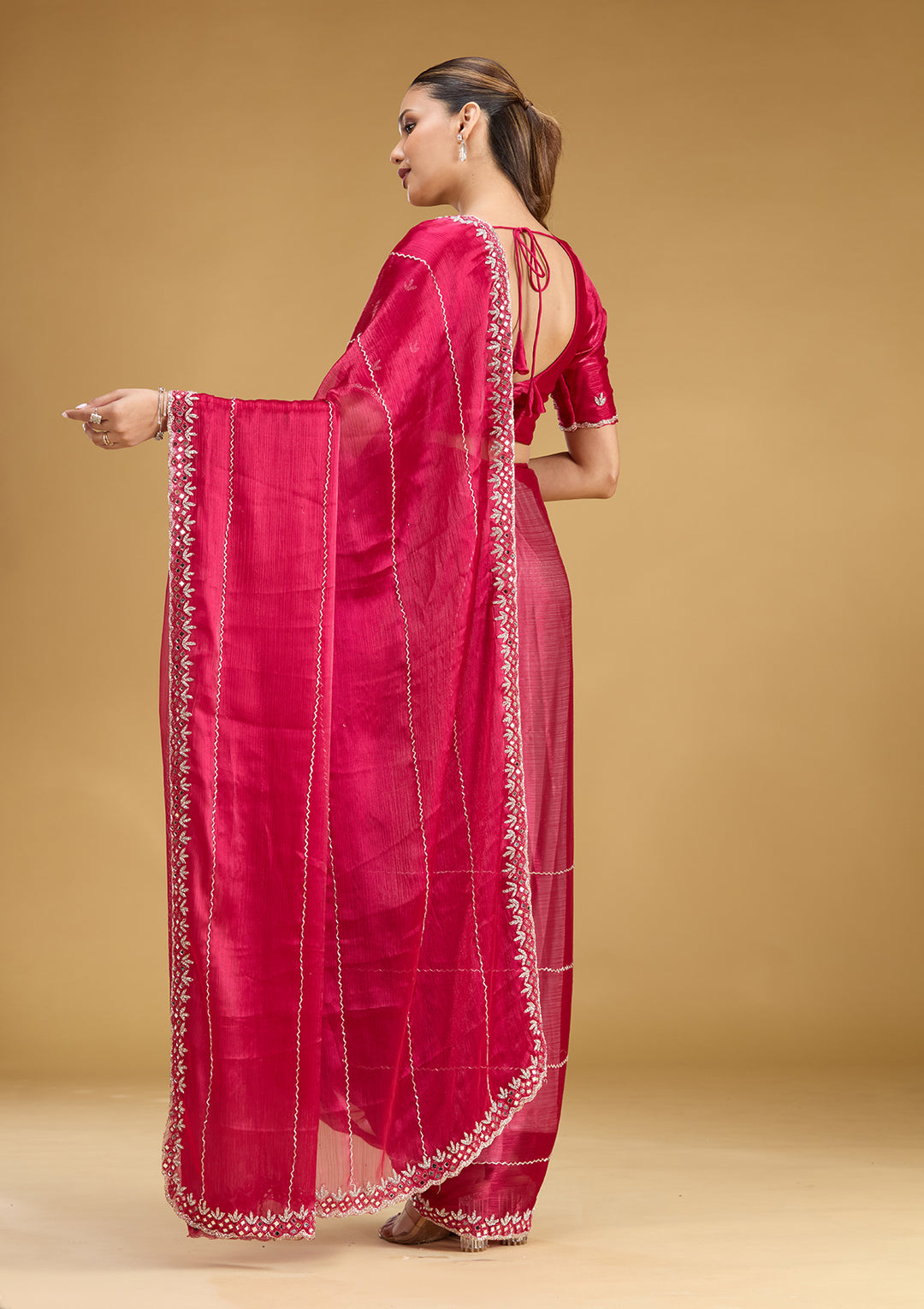 Rani Pink Tissue Cutdana Saree With Matching Blouse Piece