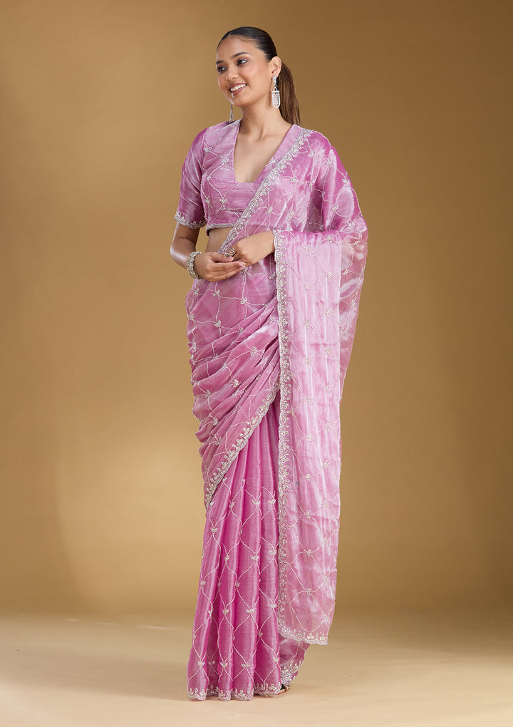 Baby Pink Cutdana Tissue Saree