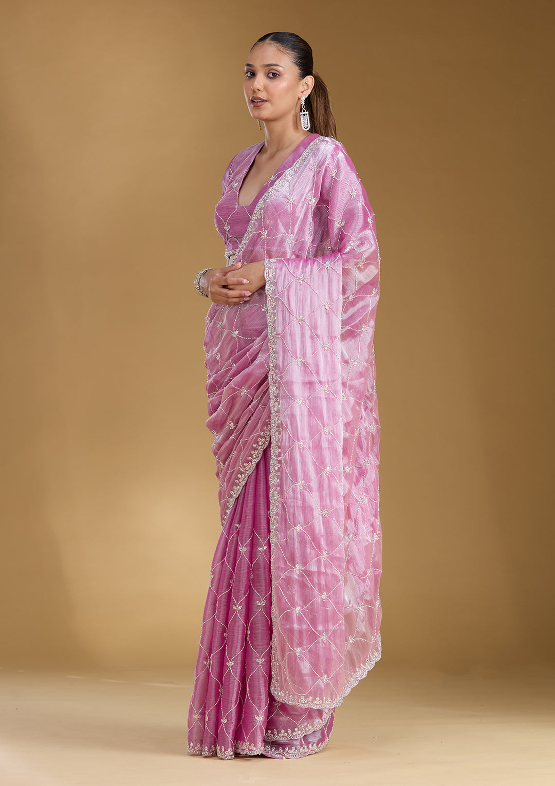 Baby Pink Cutdana Tissue Saree