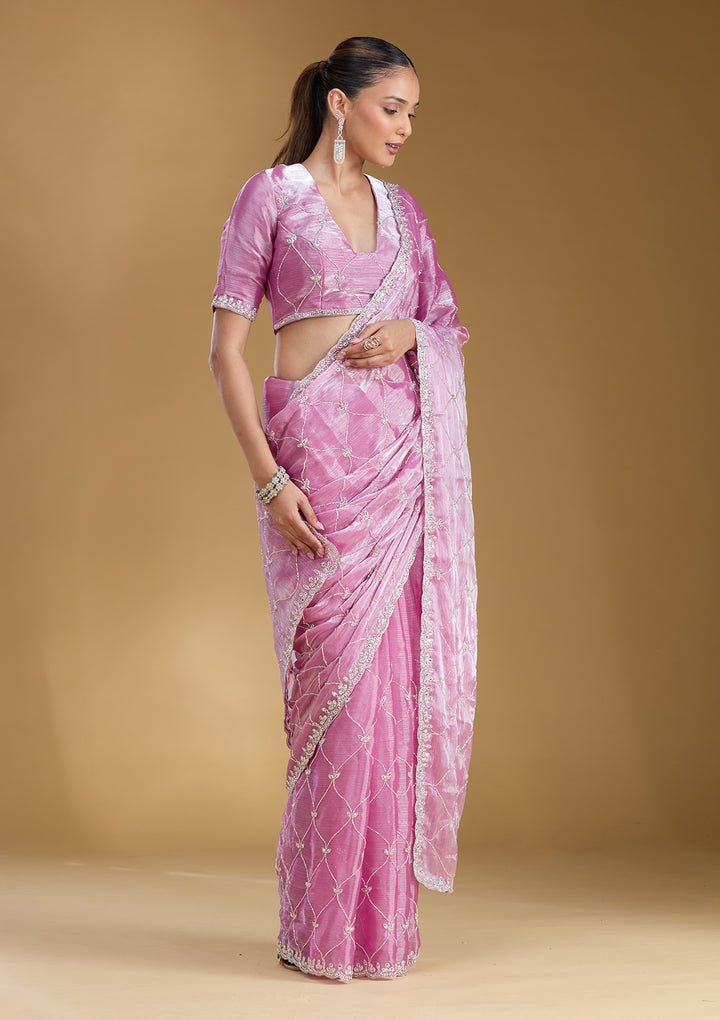 Baby Pink Cutdana Tissue Saree
