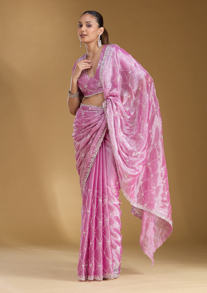 Baby Pink Cutdana Tissue Saree