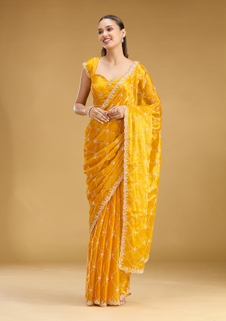 Yellow Tissue Cutdana Saree With Matching Blouse Piece