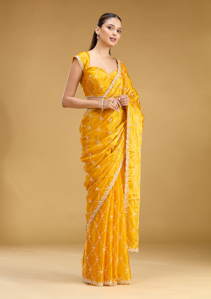 Yellow Tissue Cutdana Saree With Matching Blouse Piece