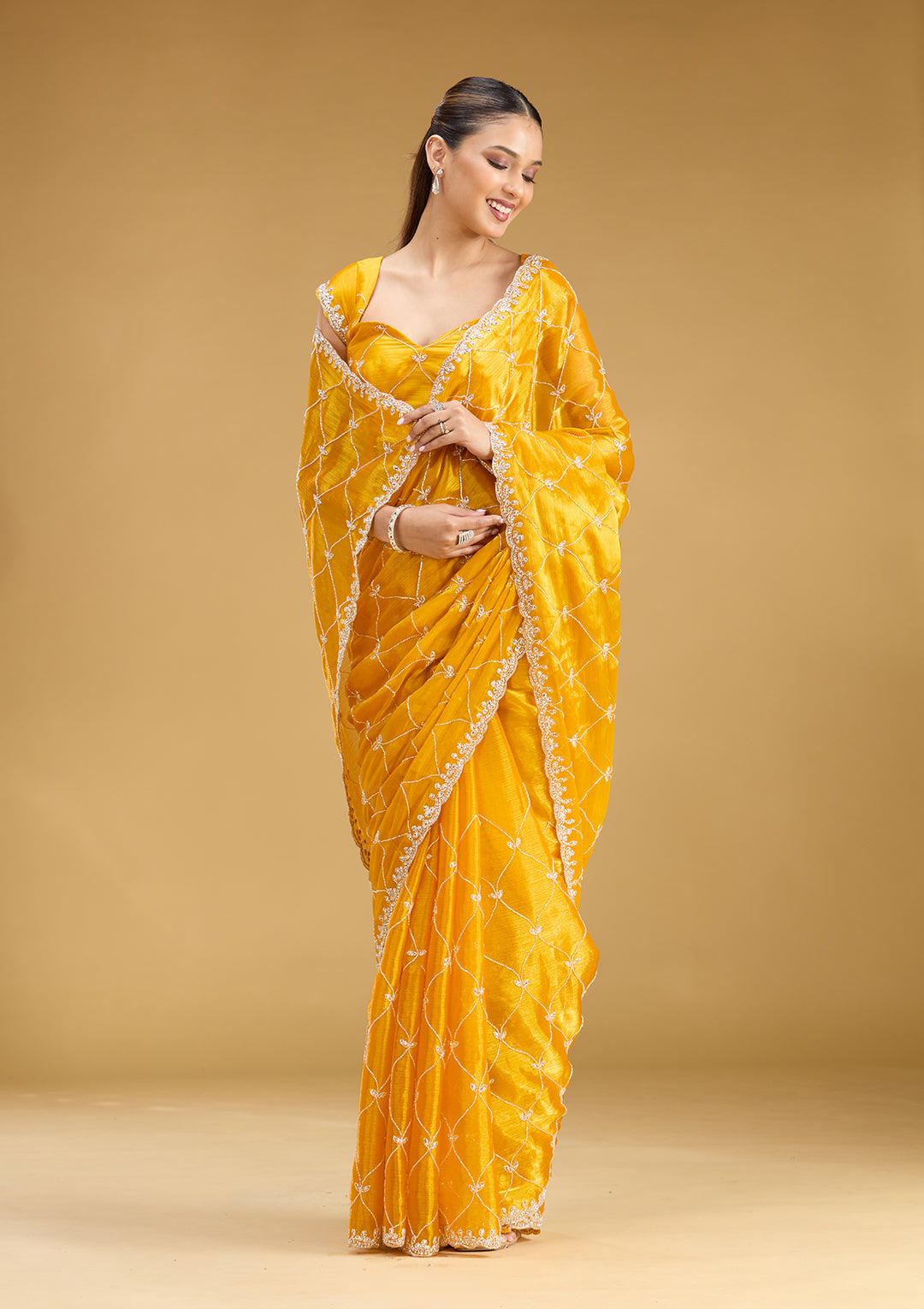 Yellow Tissue Cutdana Saree With Matching Blouse Piece