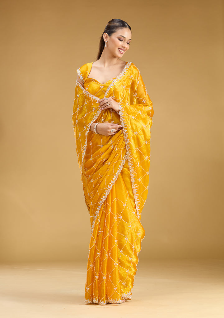 Yellow Tissue Cutdana Saree With Matching Blouse Piece