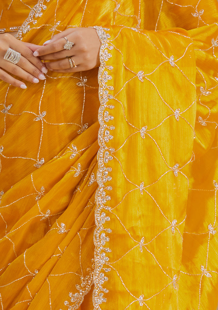 Yellow Tissue Cutdana Saree With Matching Blouse Piece