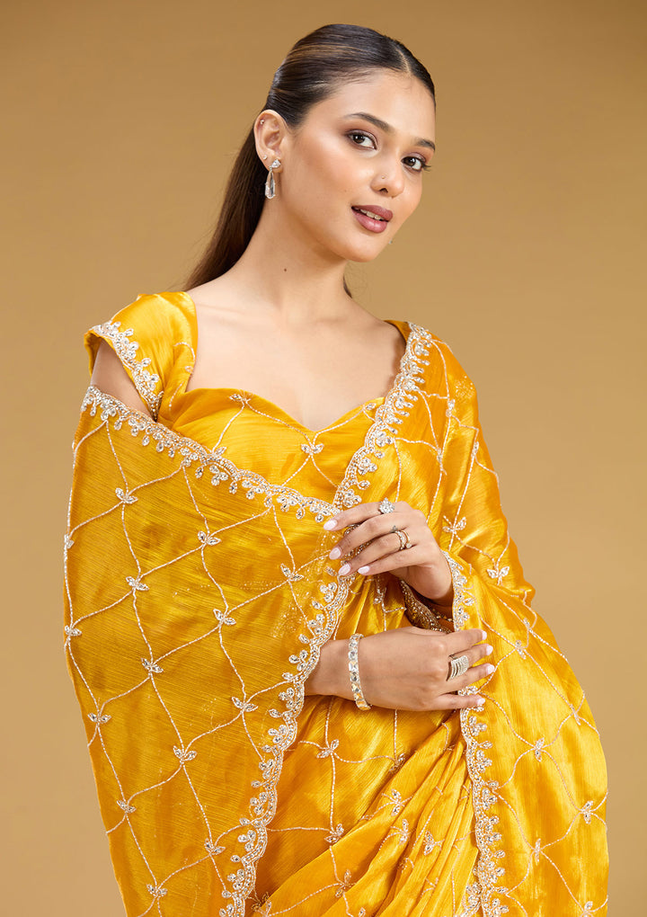 Yellow Tissue Cutdana Saree With Matching Blouse Piece