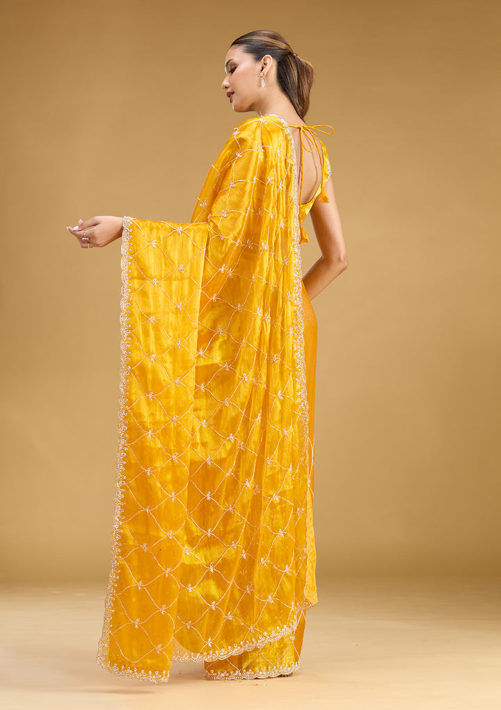 Yellow Tissue Cutdana Saree With Matching Blouse Piece