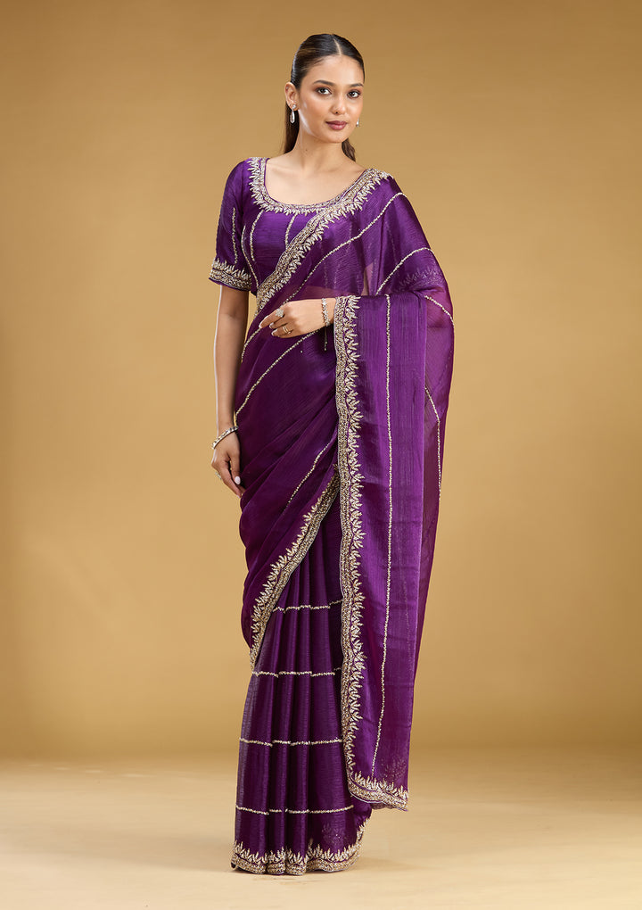 Purple Tissue Silver Stonework Saree With Matching Blouse Piece