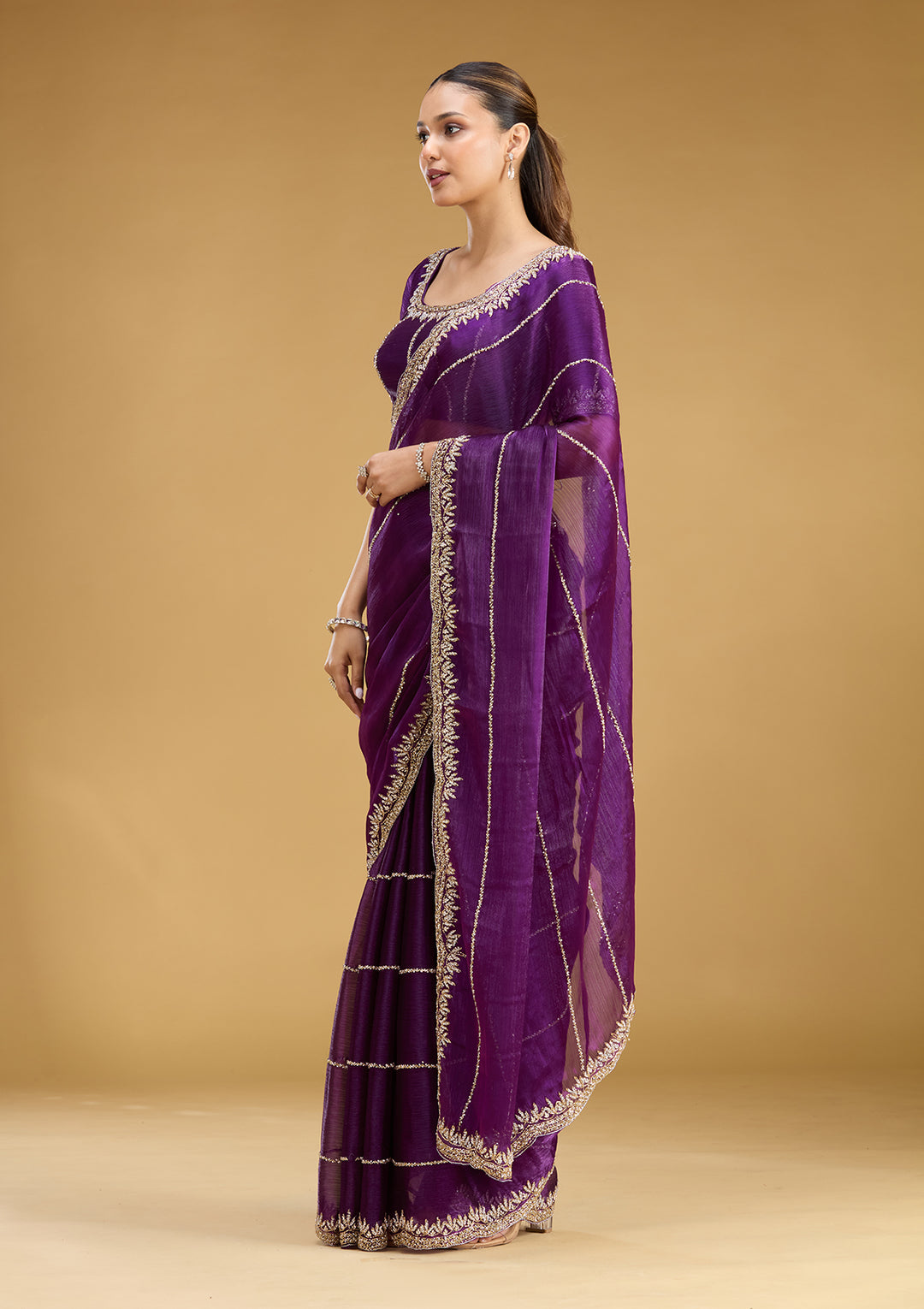 Purple Tissue Silver Stonework Saree With Matching Blouse Piece