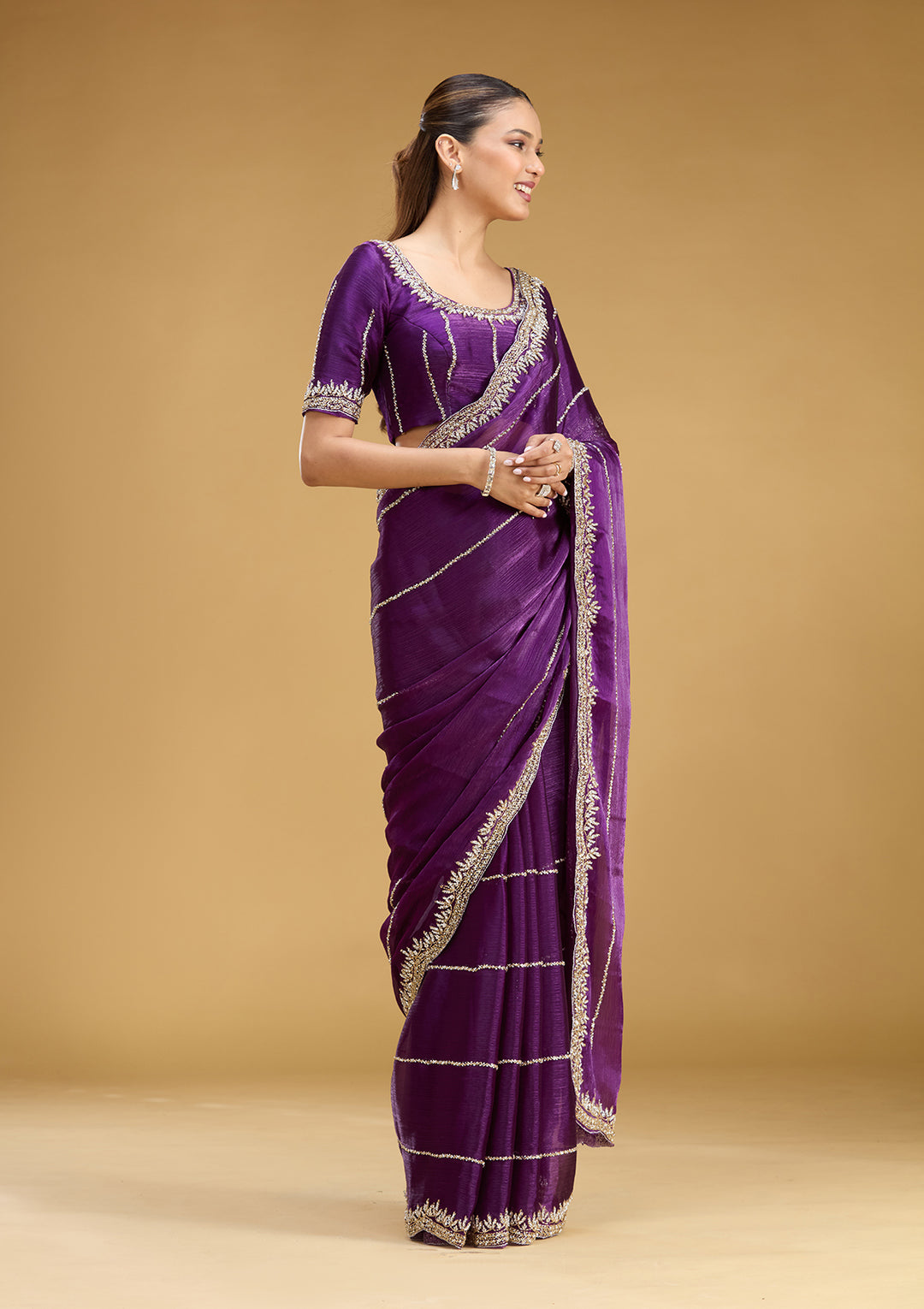 Purple Tissue Silver Stonework Saree With Matching Blouse Piece