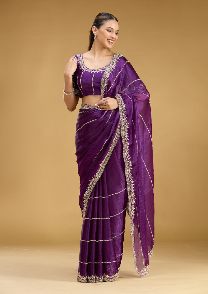 Purple Tissue Silver Stonework Saree With Matching Blouse Piece