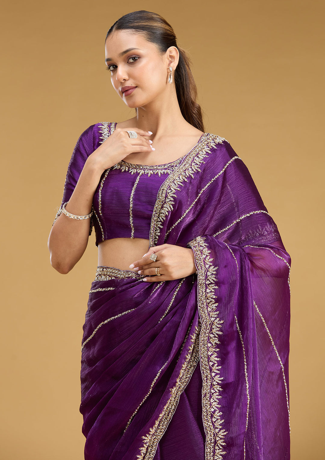Purple Tissue Silver Stonework Saree With Matching Blouse Piece
