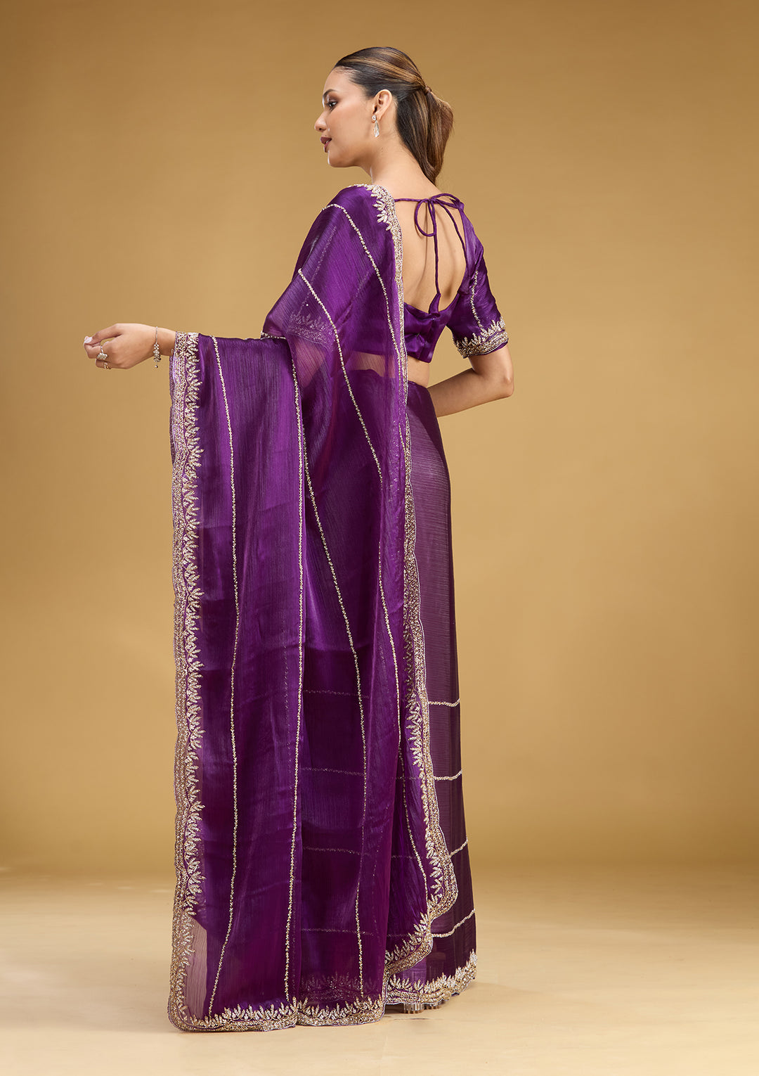 Purple Tissue Silver Stonework Saree With Matching Blouse Piece