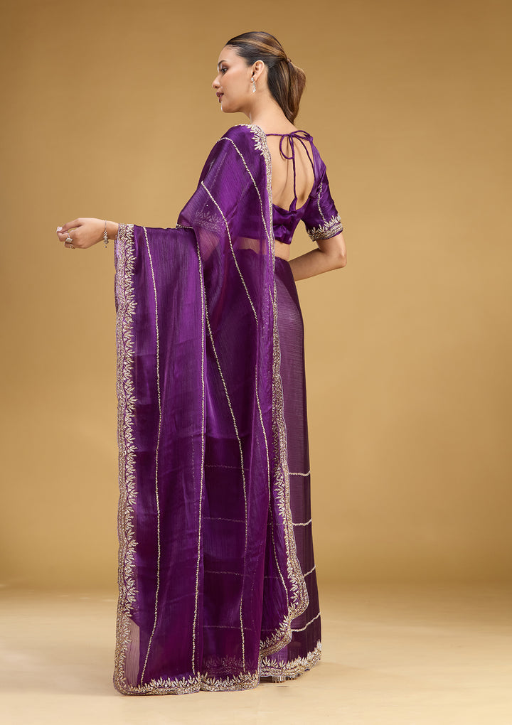 Purple Tissue Silver Stonework Saree With Matching Blouse Piece