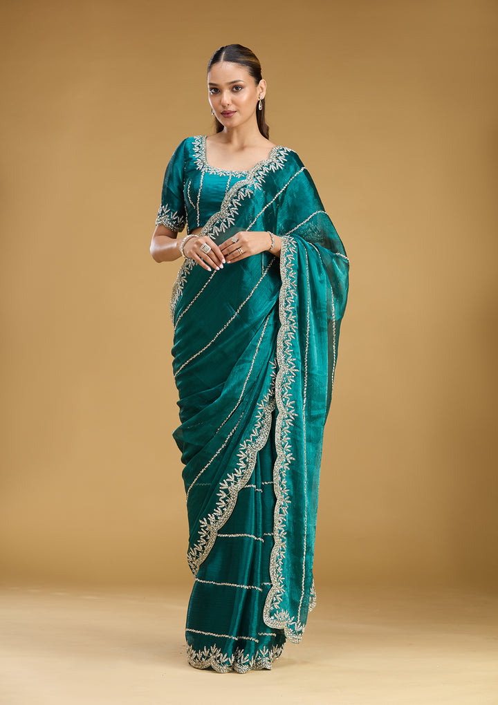 Teal Green Tissue Silver Stonework Saree With Matching Blouse Piece