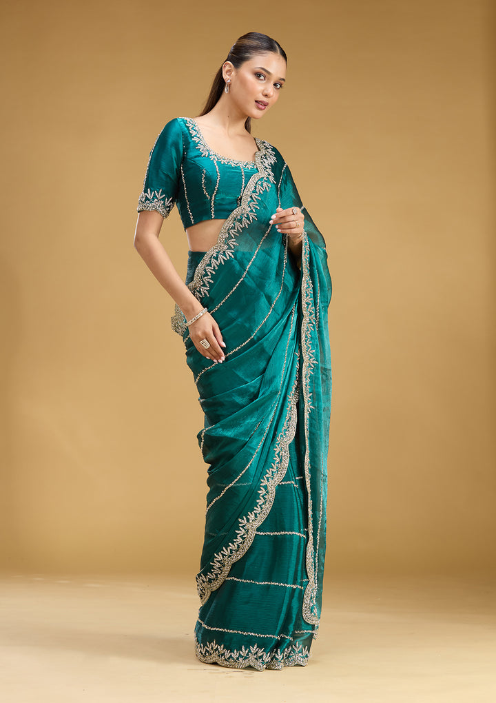 Teal Green Tissue Silver Stonework Saree With Matching Blouse Piece