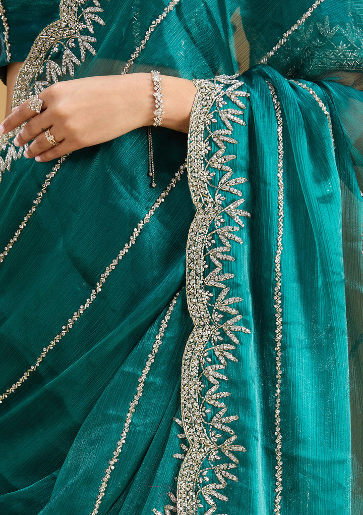 Teal Green Tissue Silver Stonework Saree With Matching Blouse Piece