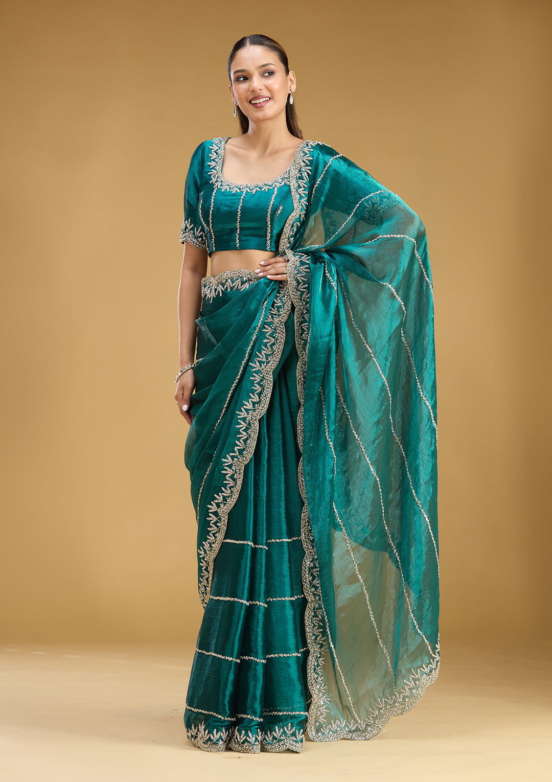 Teal Green Tissue Silver Stonework Saree With Matching Blouse Piece