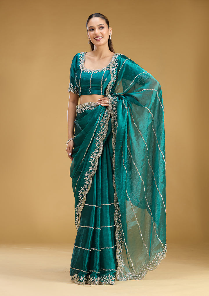 Teal Green Tissue Silver Stonework Saree With Matching Blouse Piece
