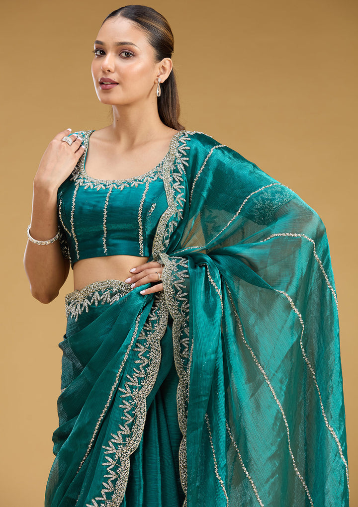 Teal Green Tissue Silver Stonework Saree With Matching Blouse Piece