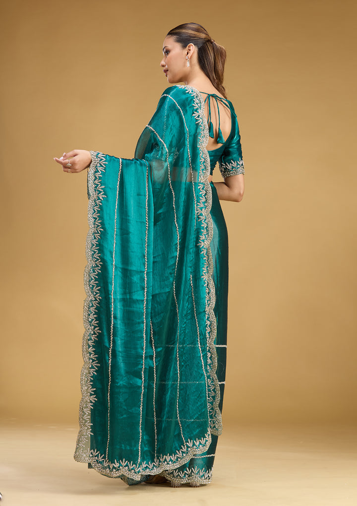 Teal Green Tissue Silver Stonework Saree With Matching Blouse Piece