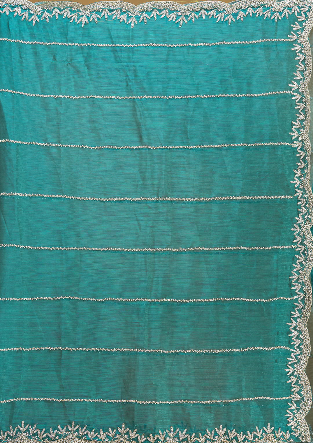 Teal Green Tissue Silver Stonework Saree With Matching Blouse Piece