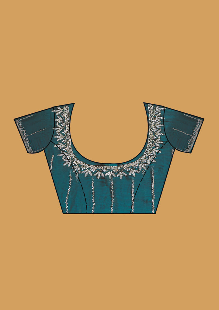 Teal Green Tissue Silver Stonework Saree With Matching Blouse Piece